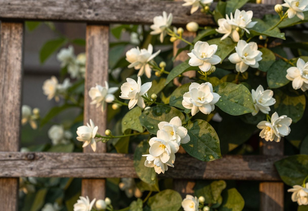 White jasmine flowers blooming on a trellis in soft evening light