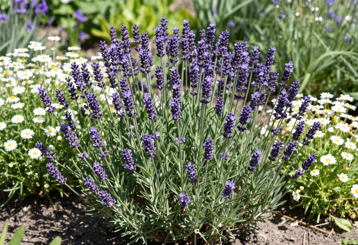 Purple lavender and white chamomile flowers growing together in a garden bed