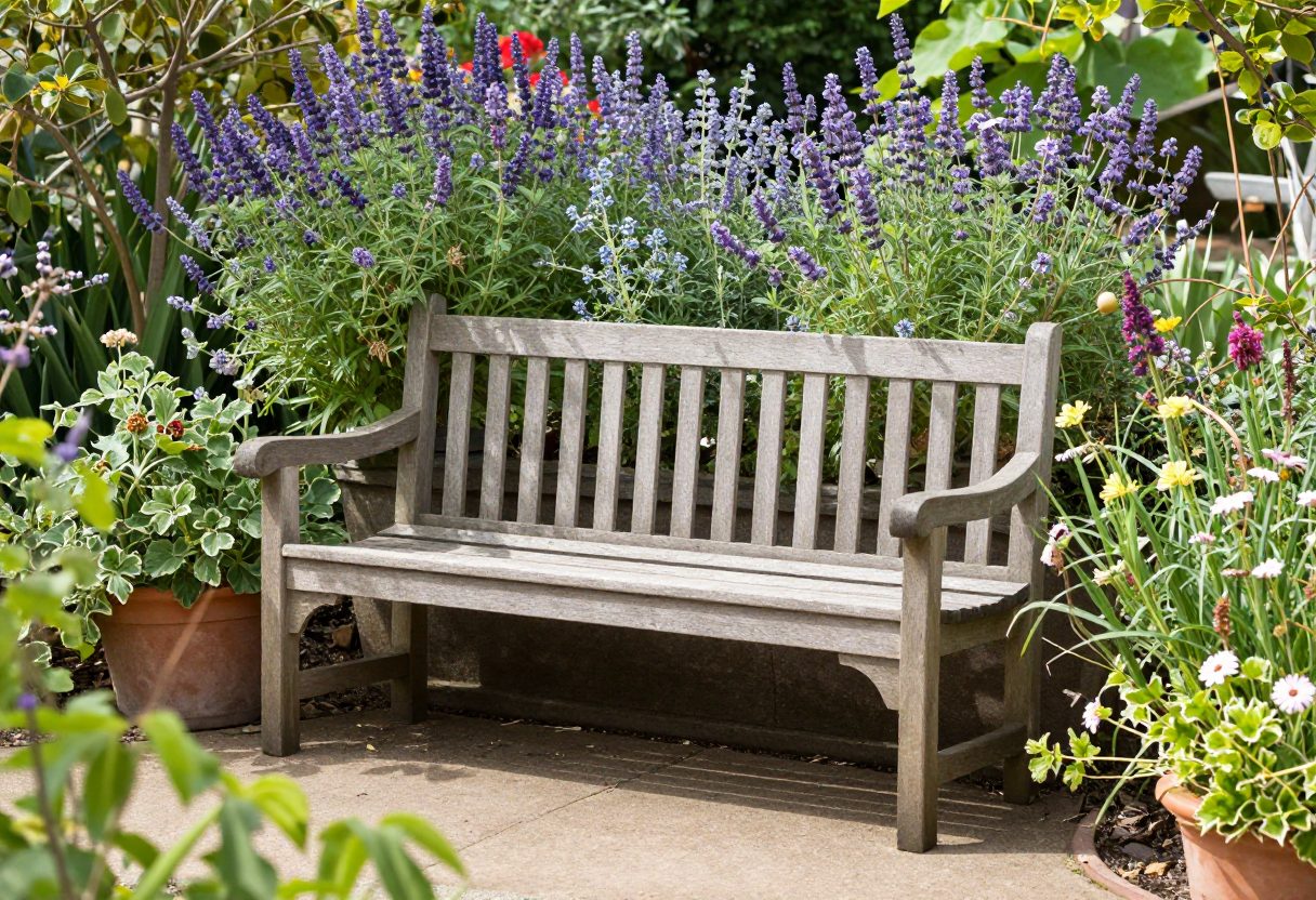 A sheltered garden seating nook surrounded by fragrant plants in a sunny corner