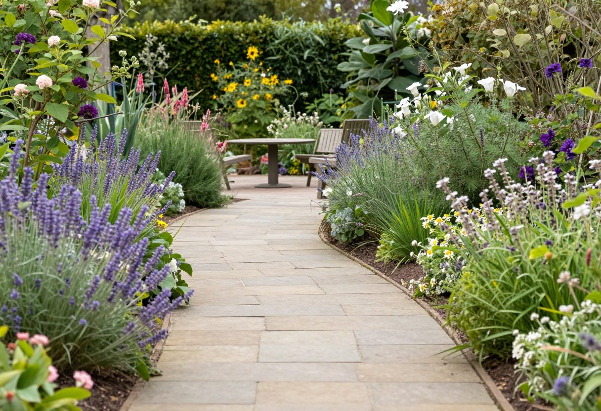 A winding garden path leading through distinct zones of fragrant plants to a seating area