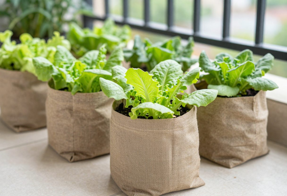 Fabric grow bags planted with vegetables on a balcony floor