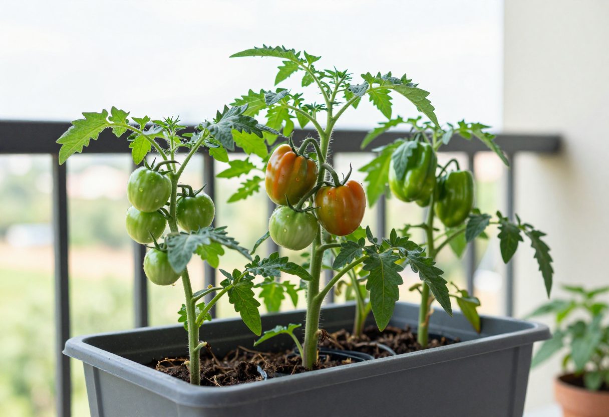 Container-grown tomato and pepper plants thriving on a sunny balcony