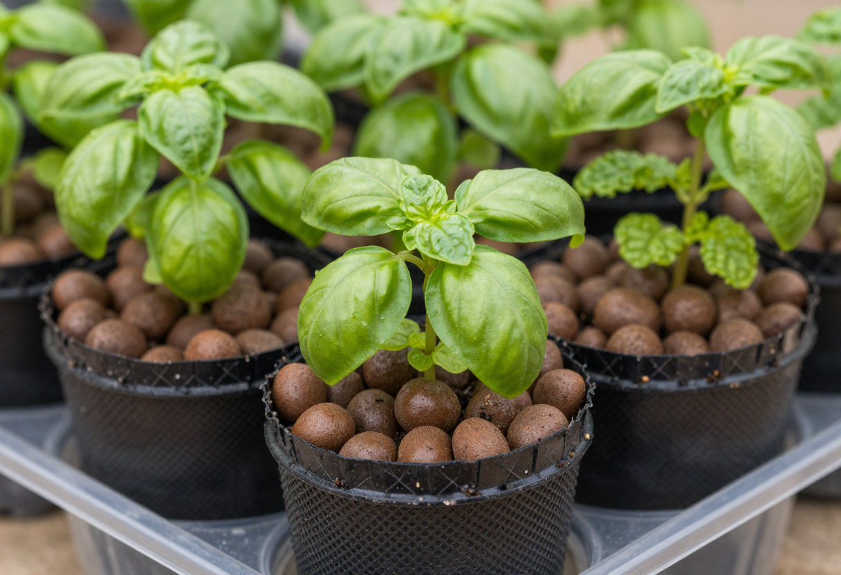 Basil and mint plants growing in black net pots over a hydroponic reservoir