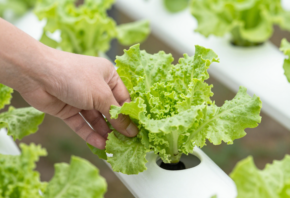 A hand picking outer leaves from a lettuce plant growing in a hydroponic channel