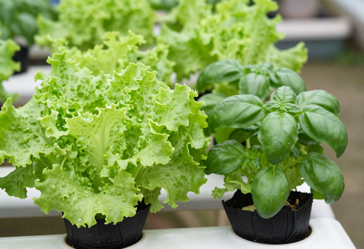 Healthy lettuce and basil plants growing together in a hydroponic system