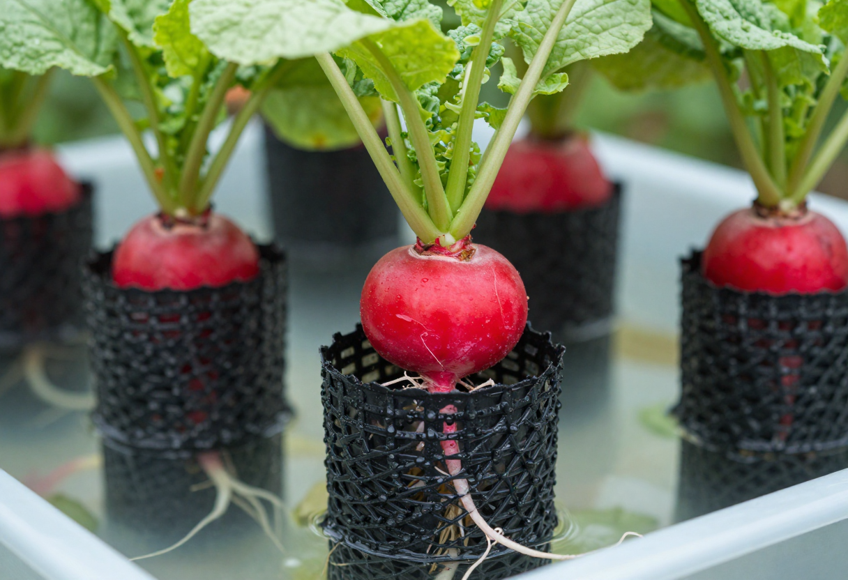 Fresh red radishes growing in net cups above a hydroponic reservoir