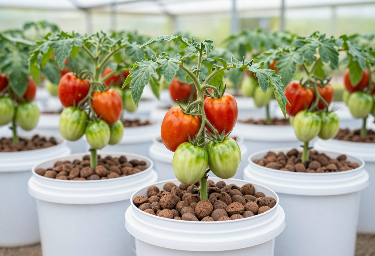 Tomato plants with ripening fruit growing in a hydroponic greenhouse