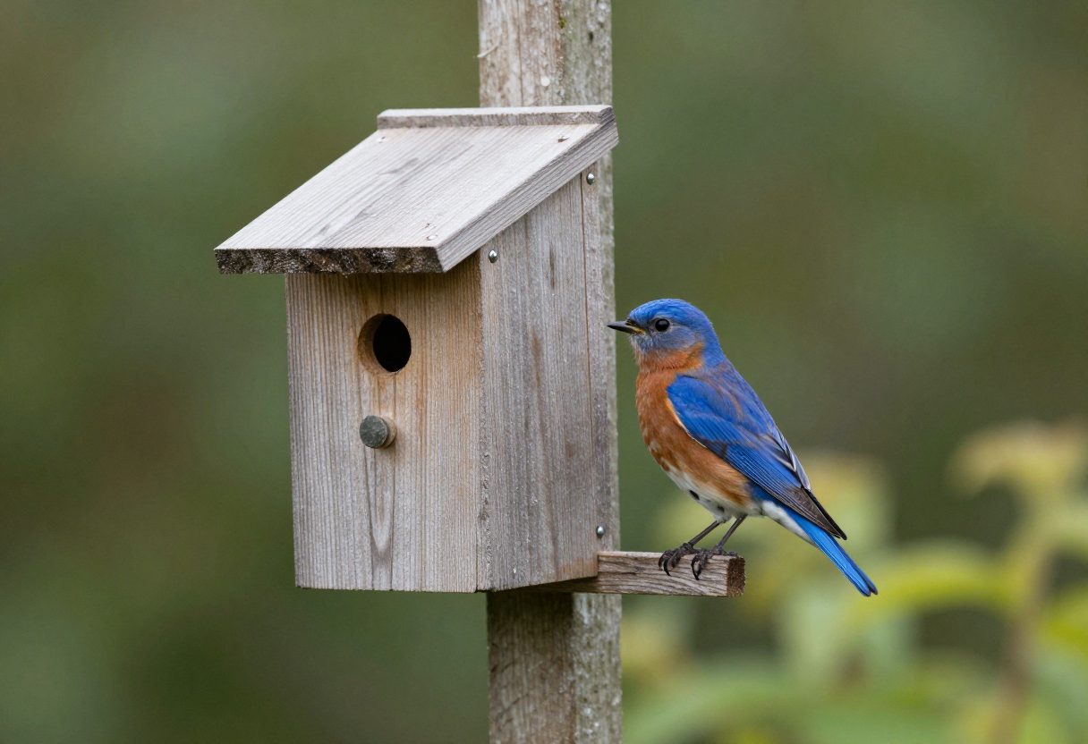 A wooden bluebird nest box mounted on a post in a garden with an eastern bluebird nearby