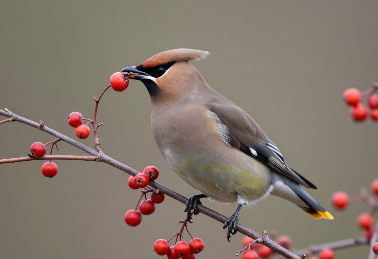 A cedar waxwing bird eating red berries from a native shrub