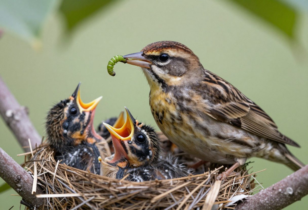 A parent songbird bringing a caterpillar to feed nestlings in a nest