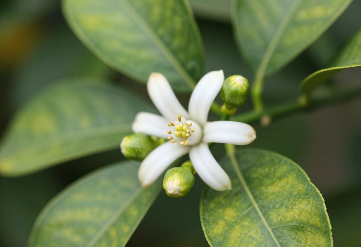 White citrus blossoms and tiny green developing fruit on a lemon tree branch with glossy leaves