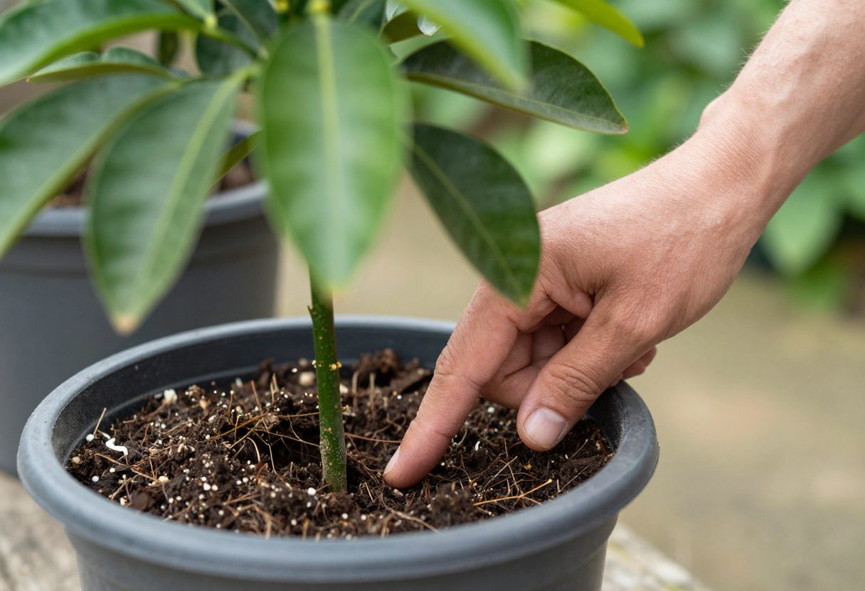 A gardener pushing a finger into the potting soil of a citrus tree container to check moisture