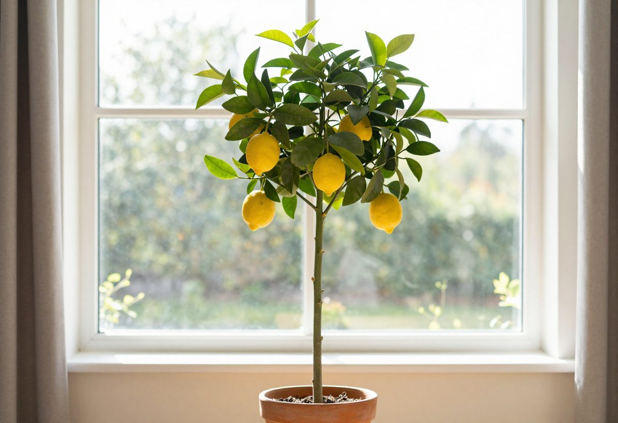 A potted lemon tree standing in front of a large bright window inside a sunny living room in winter