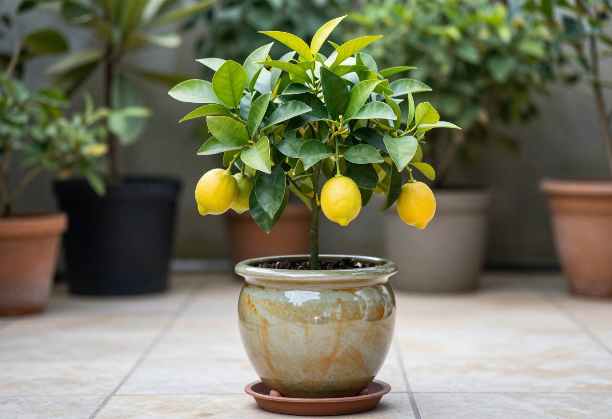 A dwarf Meyer lemon tree in a big glazed pot standing on small pot feet above a saucer on a patio