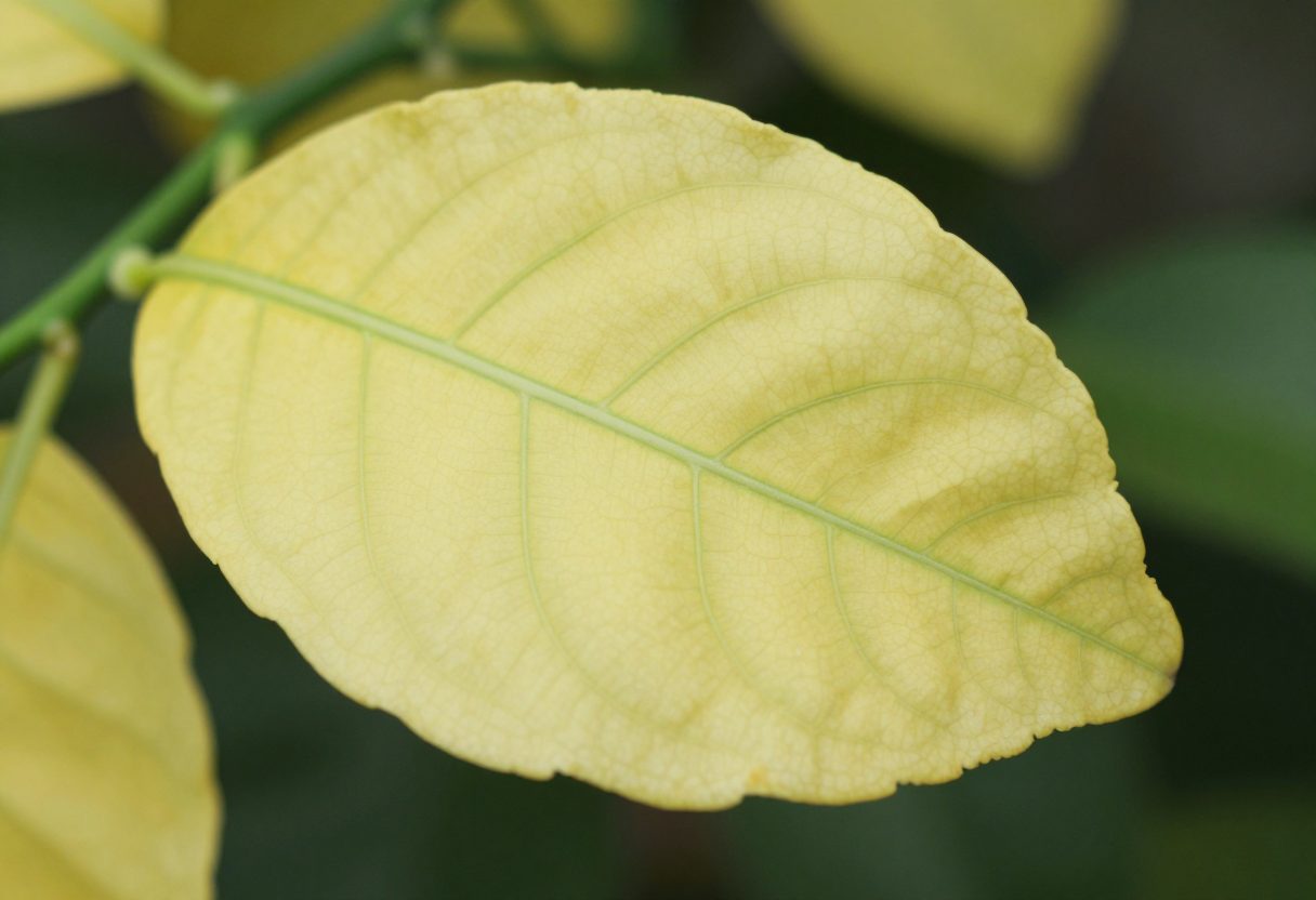Close-up of a pale yellow citrus leaf on a branch, its veins slightly darker than the leaf blade