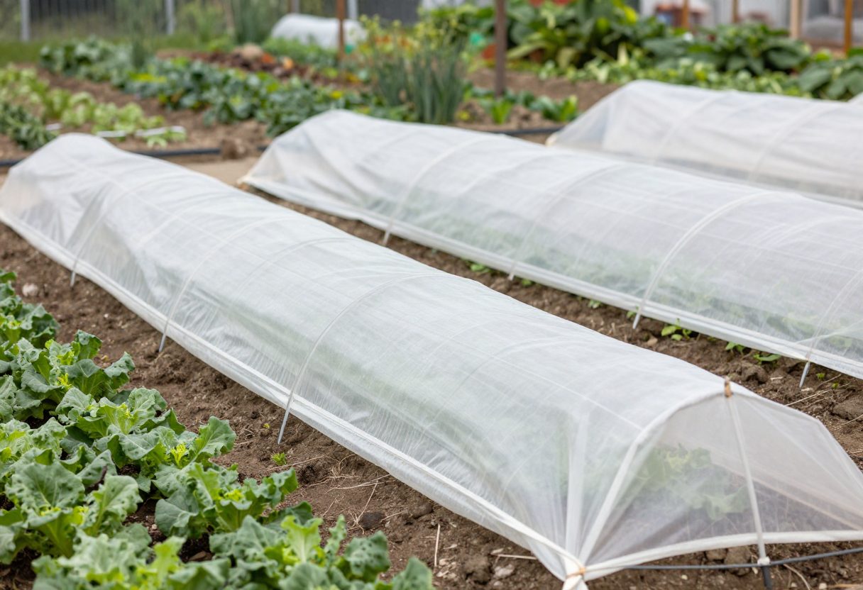 Wire hoops covered with white floating row cover forming a low tunnel over a garden row