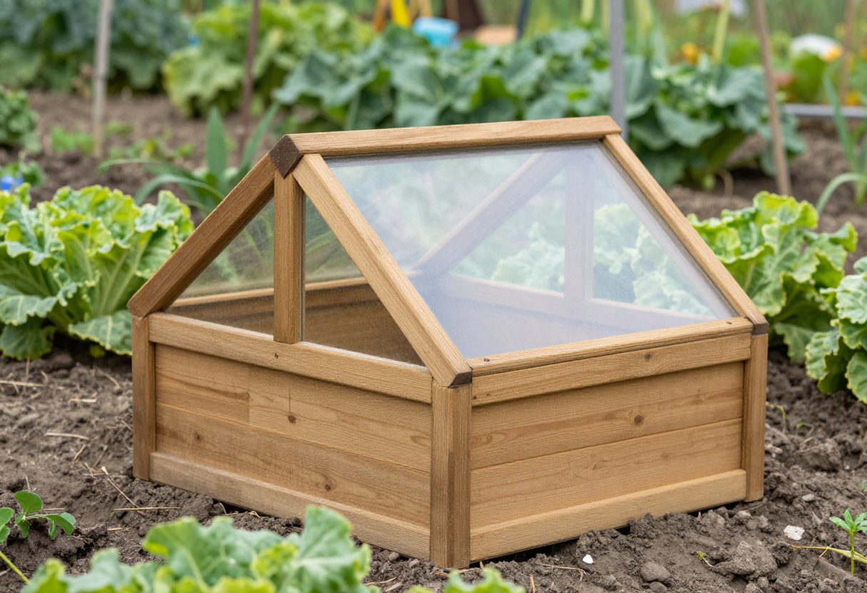 A simple wooden cold frame with a sloped glass lid in a vegetable garden