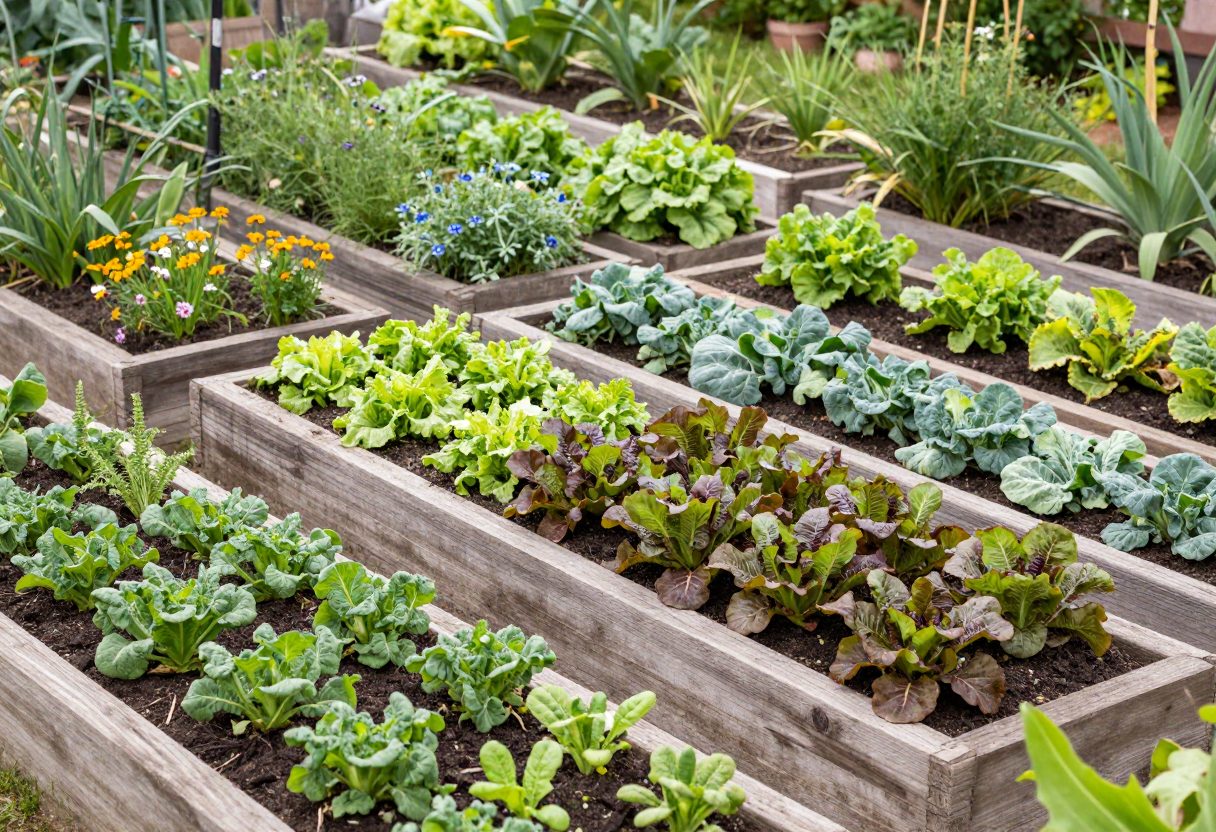 A tidy backyard vegetable garden with multiple raised beds each planted with a different mix of vegetables and herbs