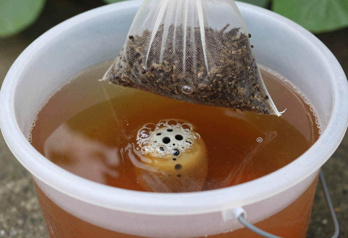 A plastic bucket of brown liquid with an aquarium air stone bubbling and a mesh bag of compost hanging in it