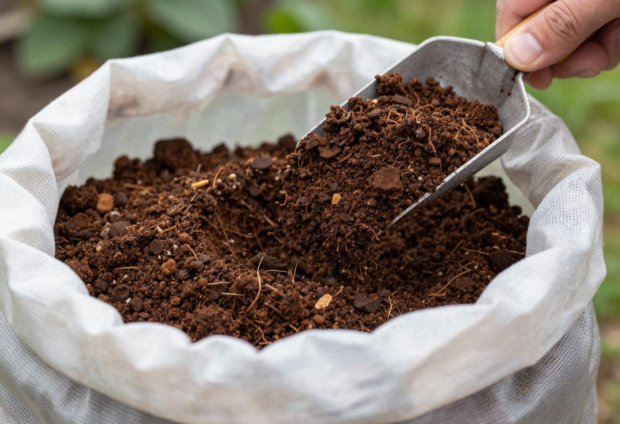 Dark crumbly finished compost being scooped from an open bag with a metal scoop