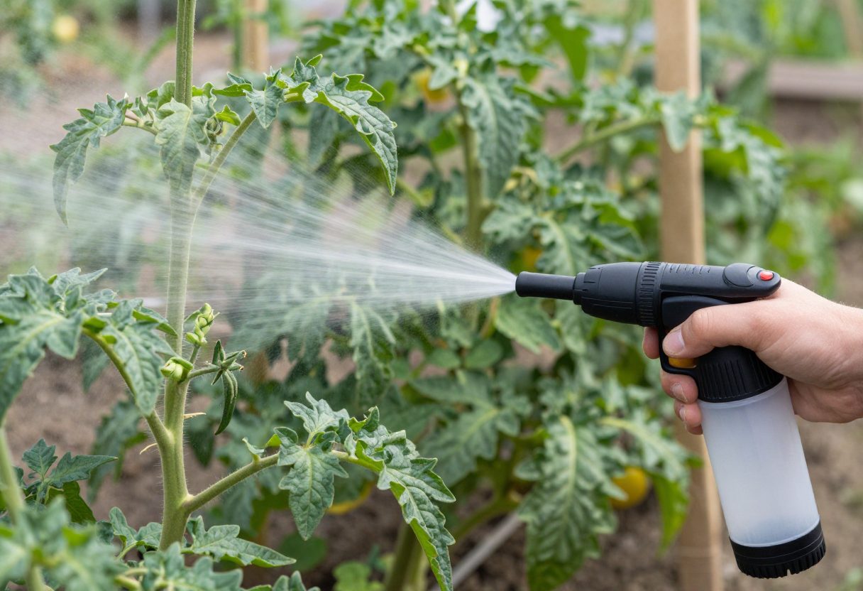 A hand-held pump garden sprayer misting the leaves of a healthy tomato plant early in the morning