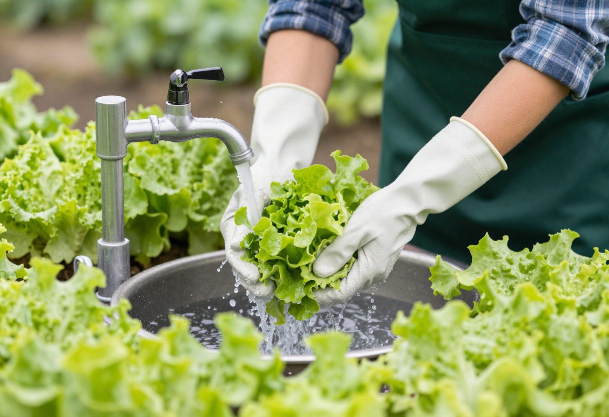 A gardener wearing rubber gloves rinsing freshly picked lettuce leaves under a running garden tap