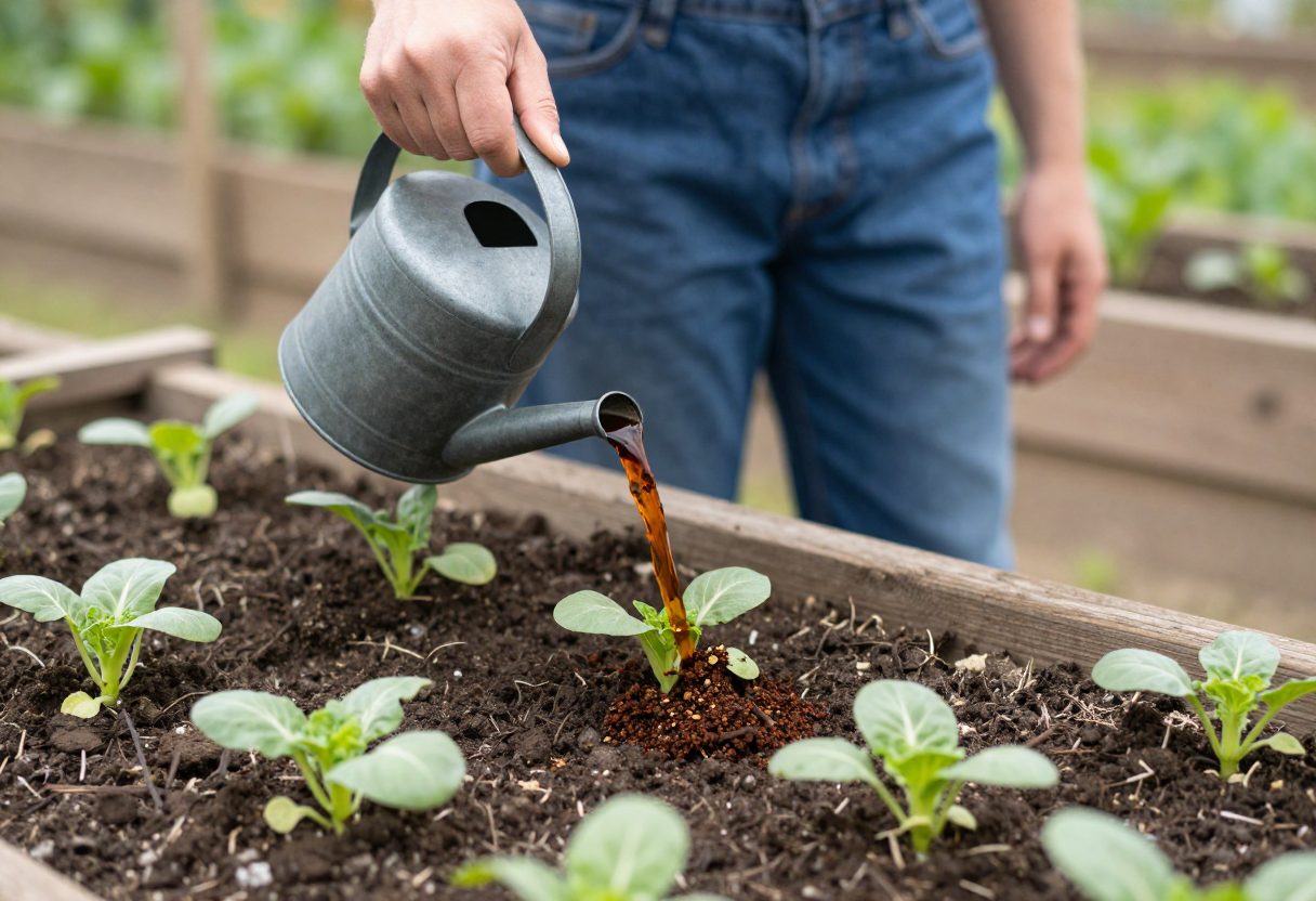 A gardener pouring dark brown compost tea from a watering can onto the soil around young vegetable seedlings in a raised bed