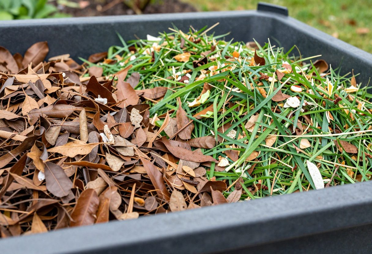 A compost bin showing layered brown dry leaves and green kitchen scraps and grass clippings