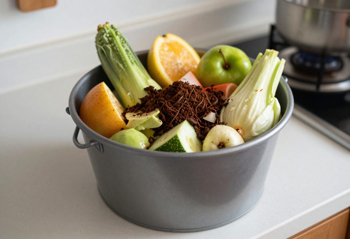 A kitchen countertop compost bucket filled with fruit and vegetable scraps and coffee grounds