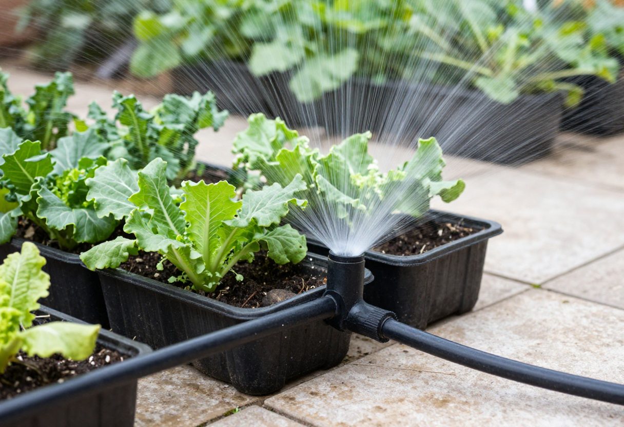 A simple drip irrigation system watering several vegetable containers on a patio