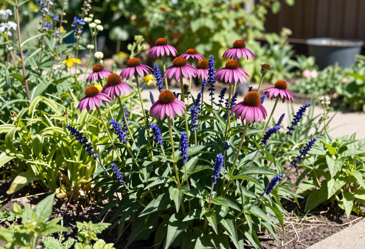 Coneflowers and salvia blooming in a Southeast-adapted cottage garden bed