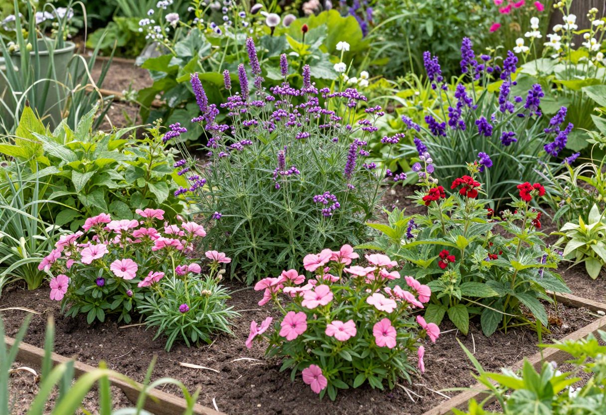 A densely layered cottage garden bed with no visible bare soil, mixed flowers at varying heights