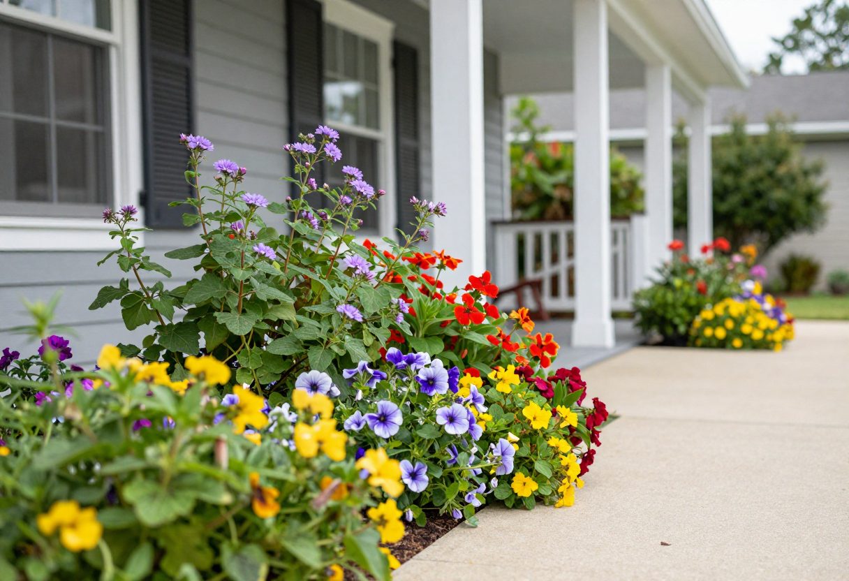A small dense cottage-style flower planting along a front porch walkway