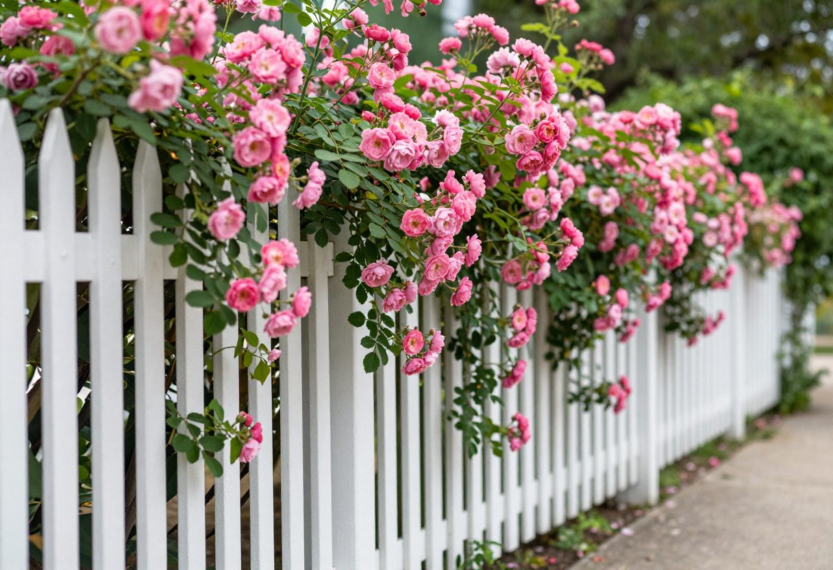 A white picket fence covered in climbing pink roses along a garden path