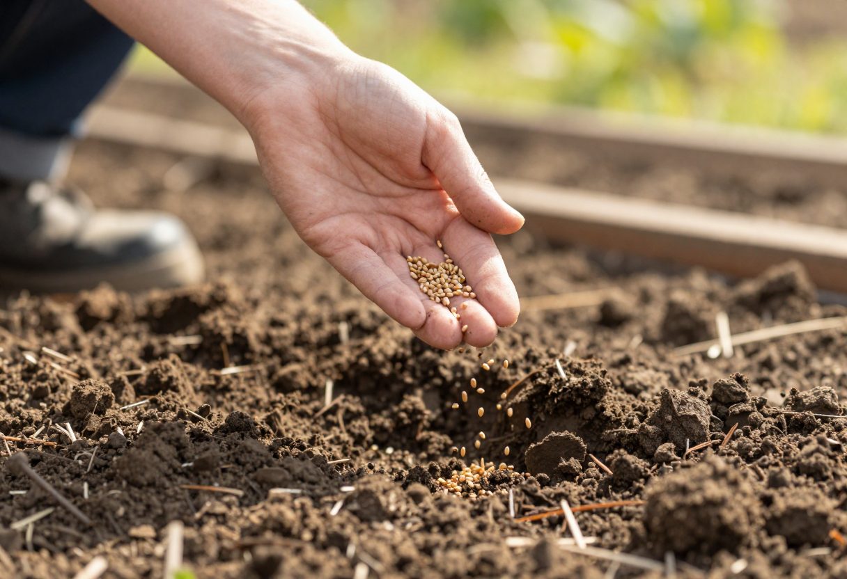 A gardener hand broadcasting small seeds over bare raked garden soil with seeds in mid-air