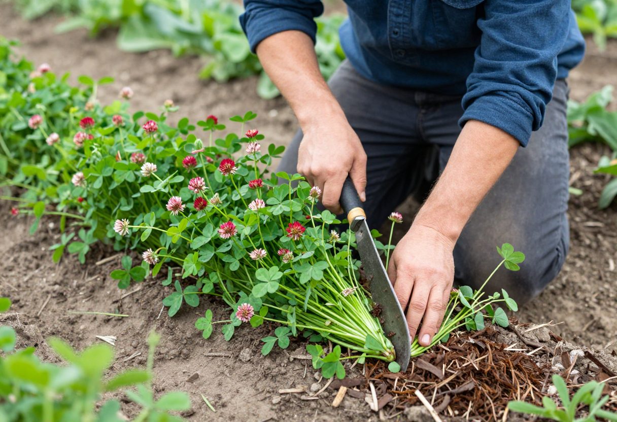 A gardener with hand shears cutting down a flowering cover crop at soil level with cut stems lying on the soil surface