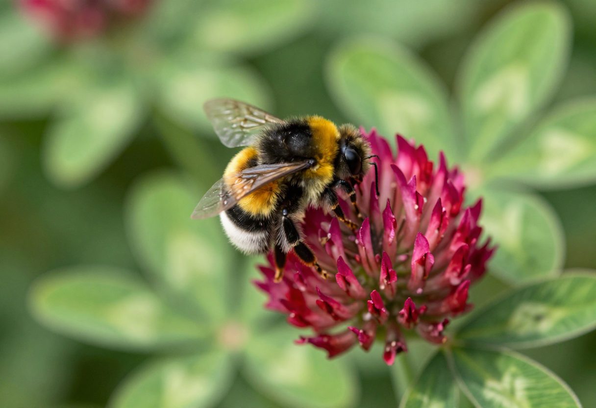 A bumblebee on a bright crimson clover flower in full bloom with green leaves in the soft background