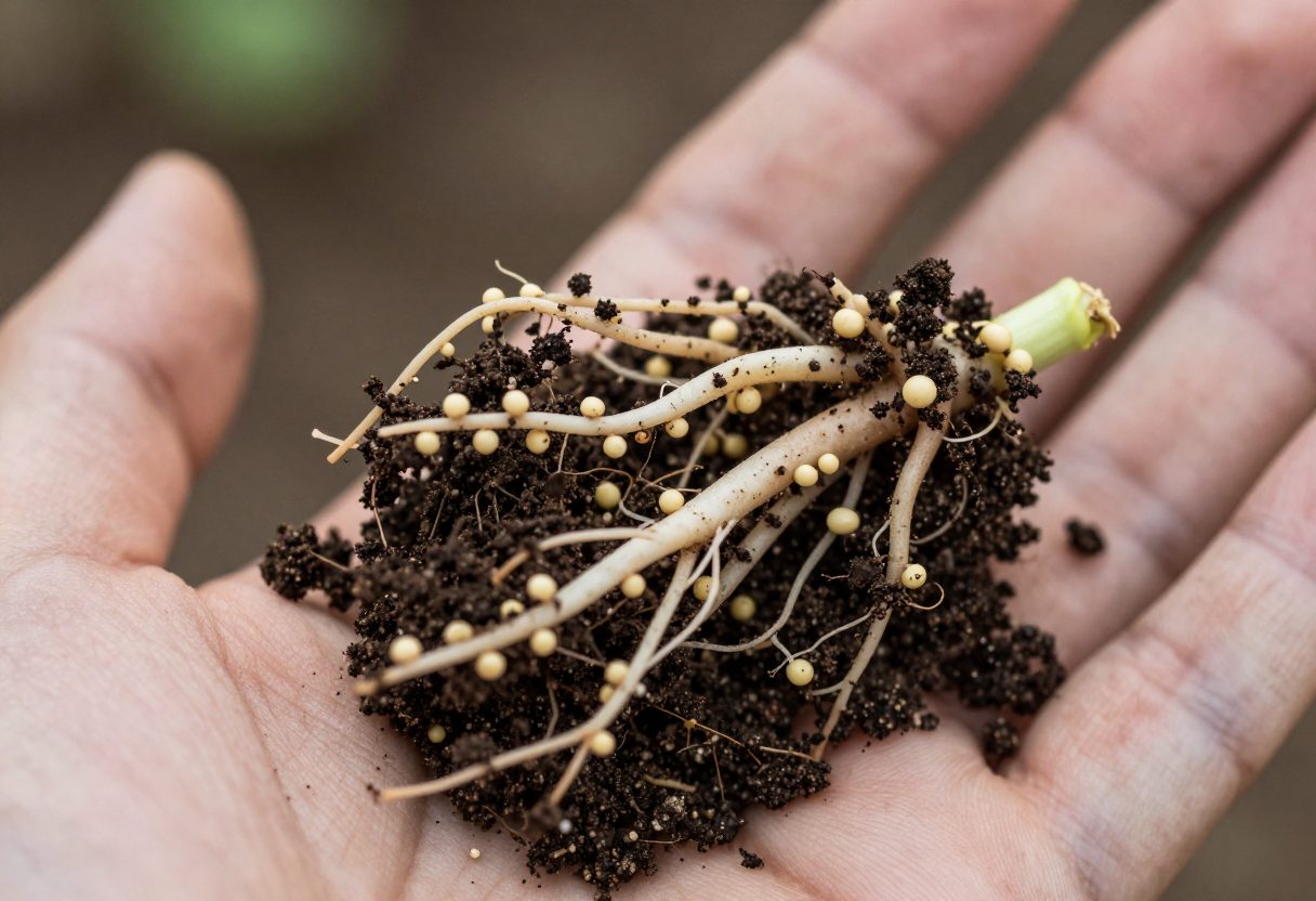 Legume roots held in an open palm covered in many small round pale nodules with dark soil crumbs