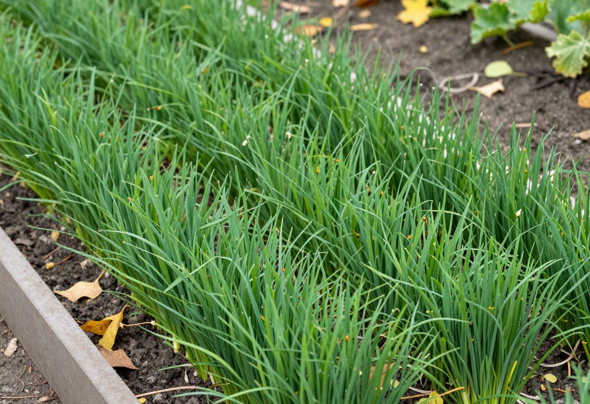 Young green winter rye grass seedlings covering a raised vegetable bed in autumn with a few fallen yellow leaves