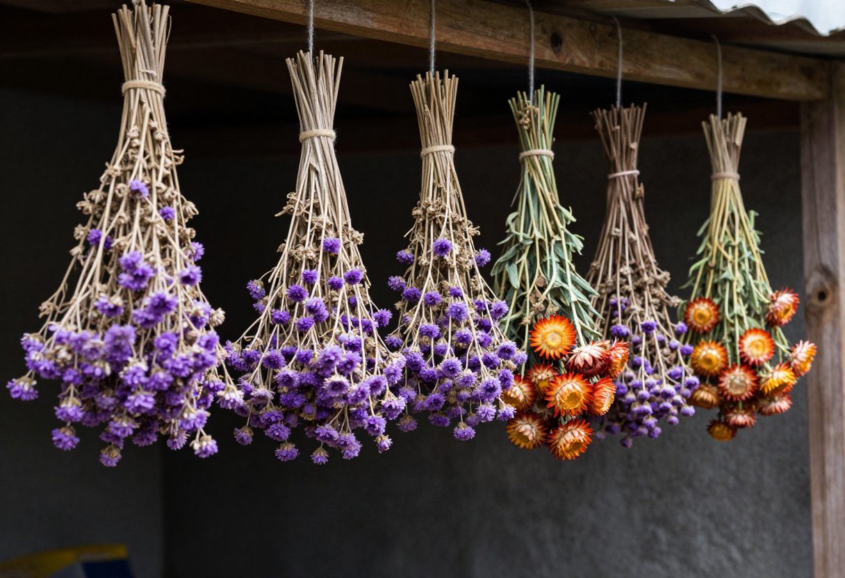 Small bundles of statice and strawflower hanging upside down to dry in a dark shed