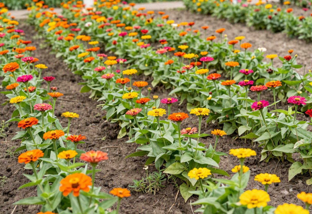 Neat rows of colorful zinnias and cosmos growing in a dedicated cutting garden bed
