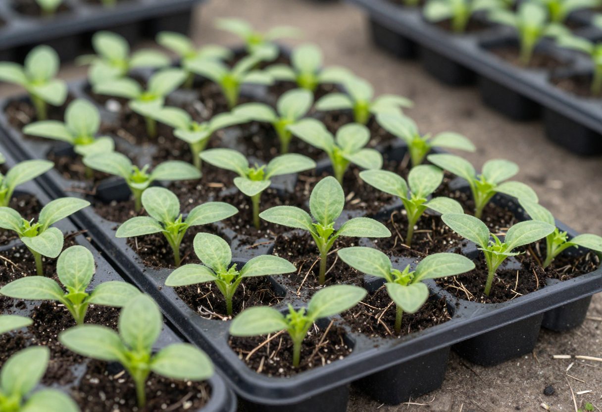 Trays of young flower seedlings ready for succession planting into a cutting garden
