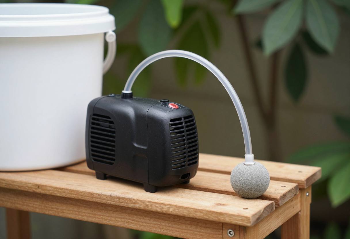 A small air pump with airline tubing on a shelf beside a white bucket hydroponic reservoir