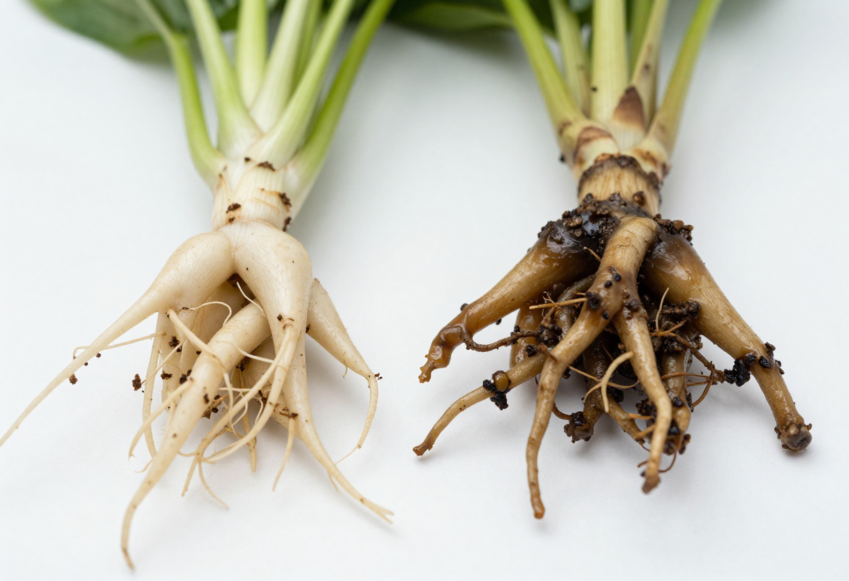 Healthy white hydroponic roots compared with brown slimy rotting roots side by side