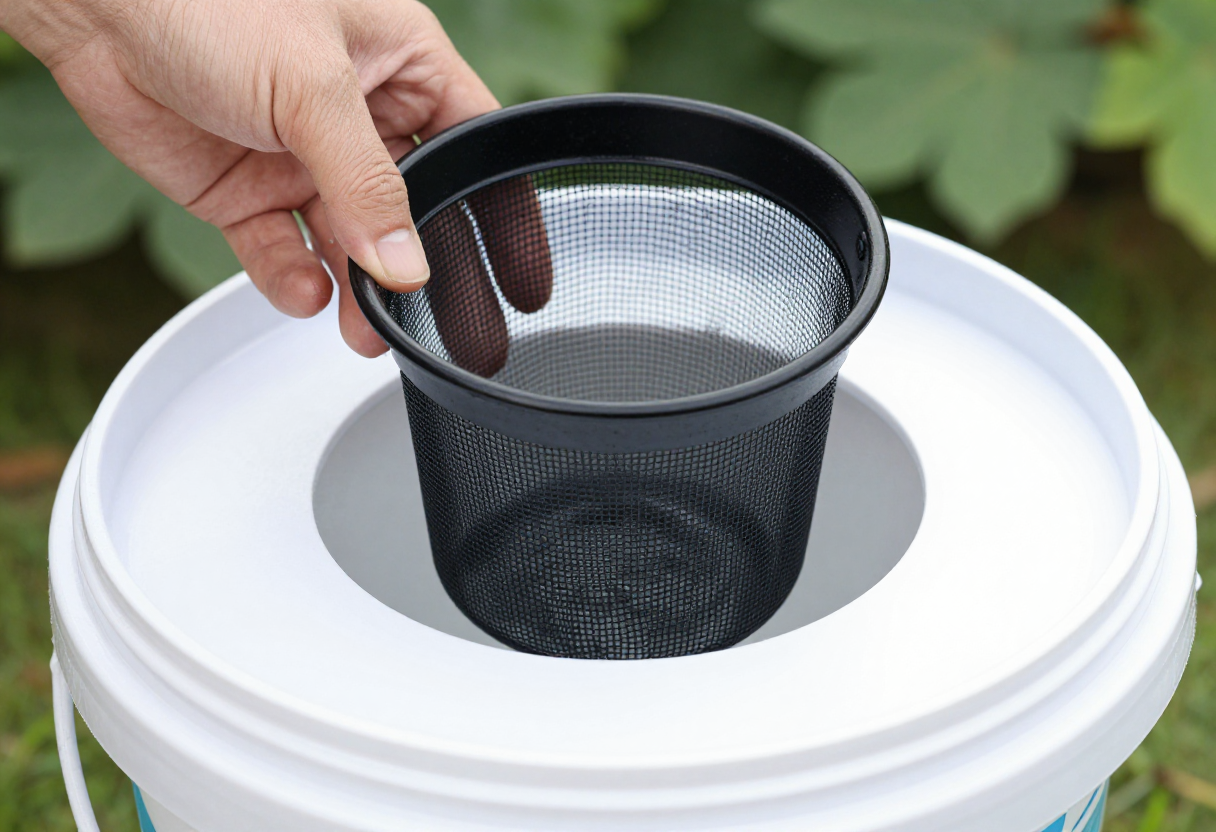A hand placing a black net pot into a round hole in a white bucket lid
