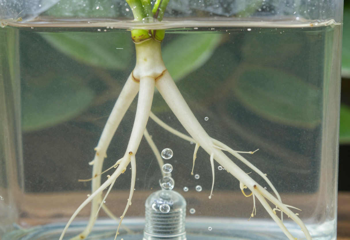 Healthy white plant roots hanging in a clear reservoir of water with bubbles rising from an air stone