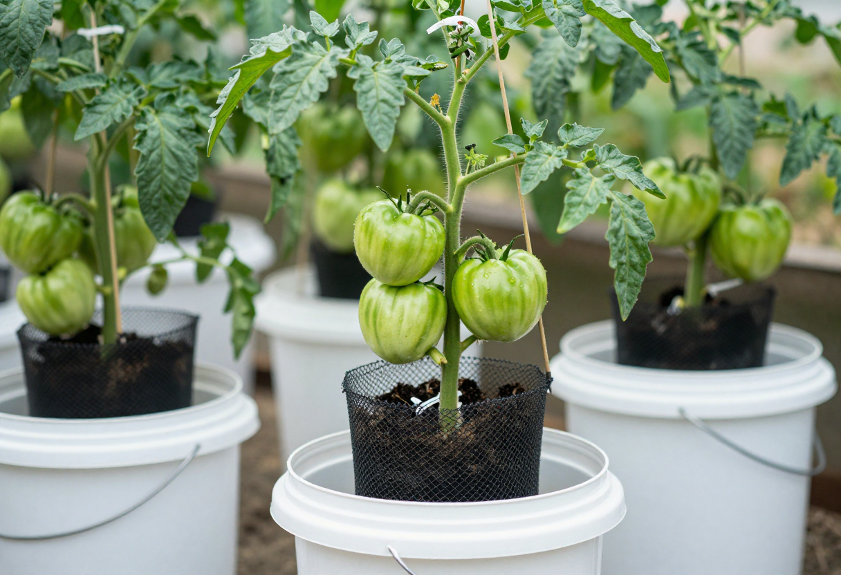 A tall healthy tomato plant growing in a white five gallon hydroponic bucket supported by a trellis