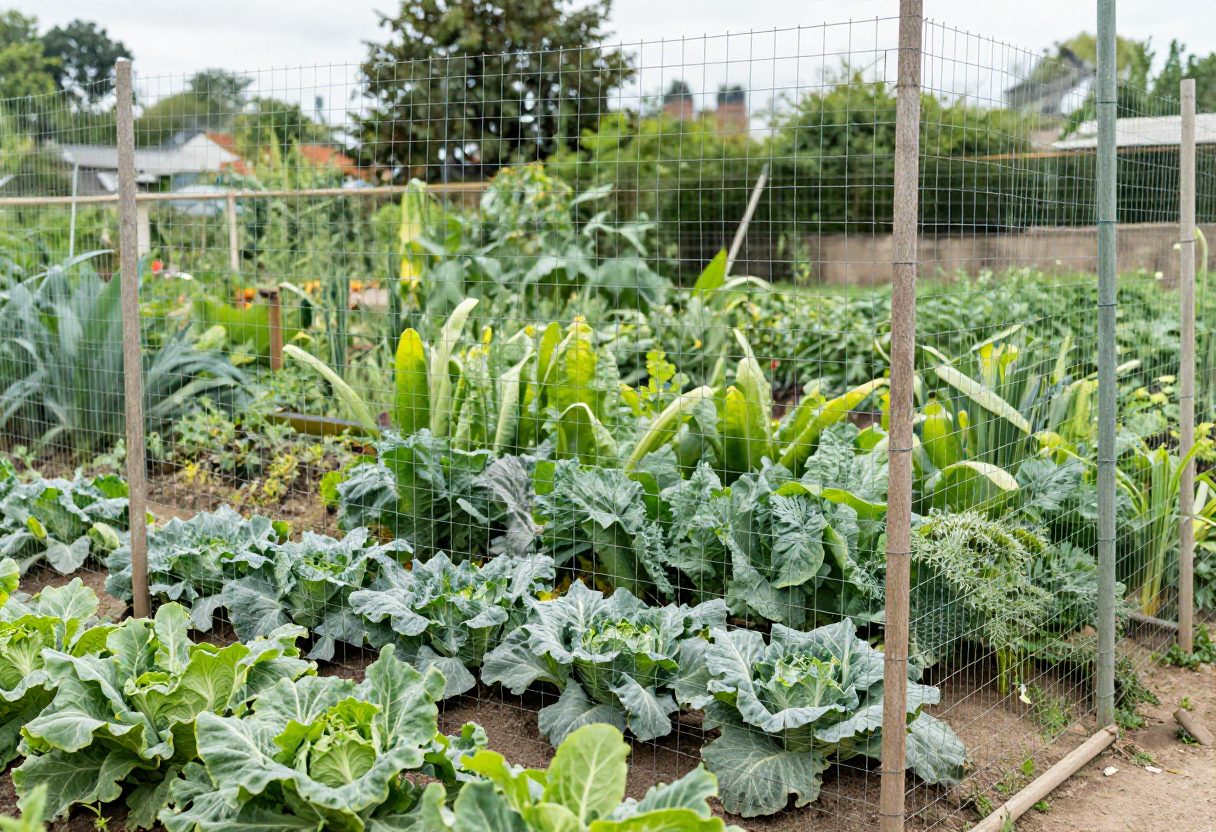 A tall wire mesh fence surrounding a vegetable garden to keep deer out