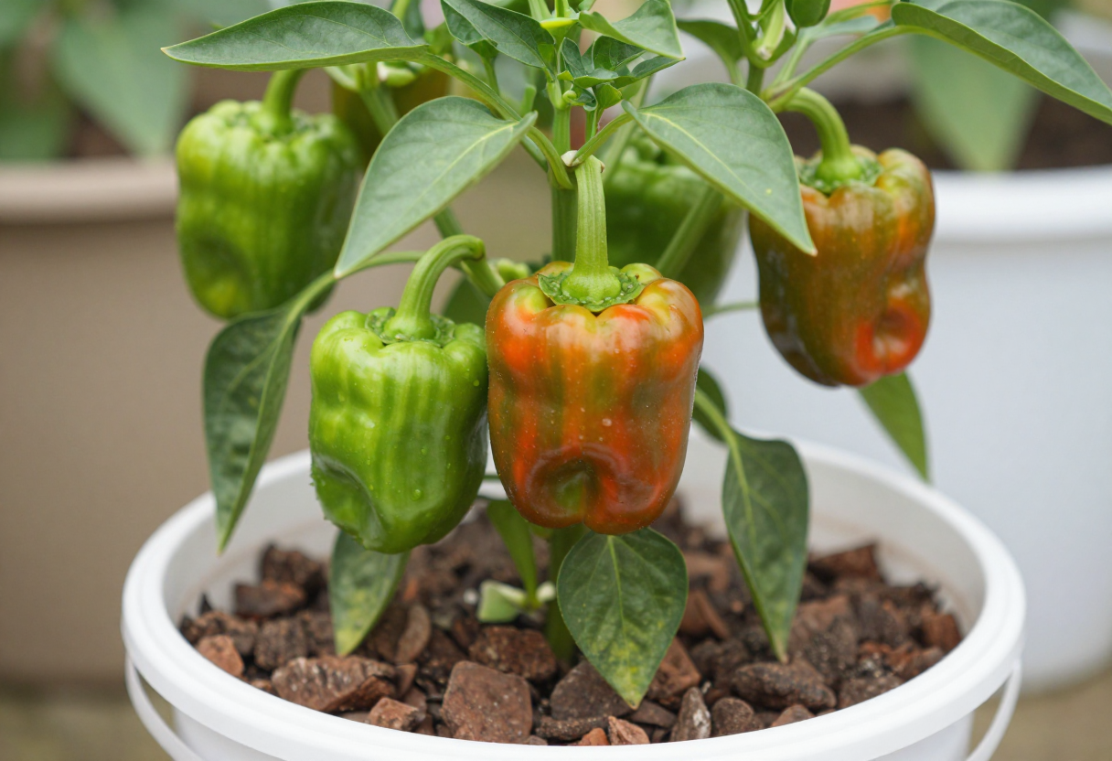 A healthy bell pepper plant with green and red peppers growing in a white bucket of clay pebbles