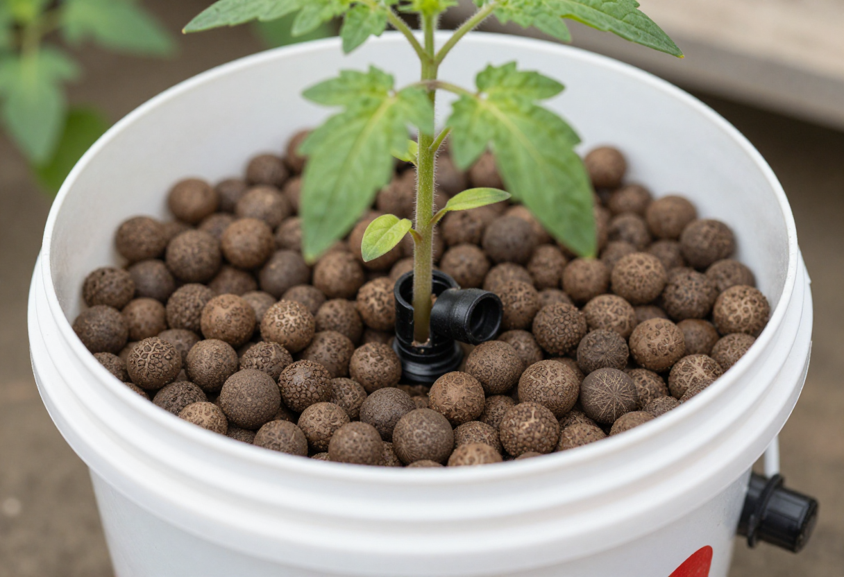 A white bucket with a black elbow drain fitting near the bottom filled with clay pebbles and a young tomato plant